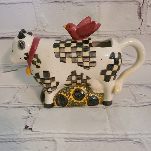 Debbie Mumm Sakura Creamer Checkered Cow Red Bird Sunflower Farmhouse Decor - Picture 2 of 7